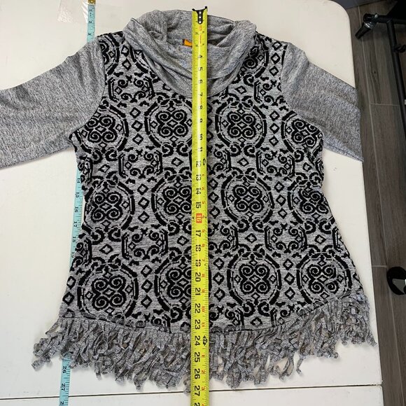 Ruby Rd Shirt Womens Small Petite Gray Black Cowl Neck Fringe Flocked Mosaic - Picture 6 of 8